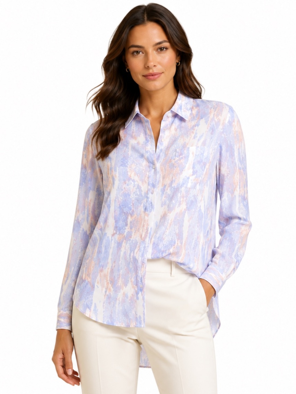 Nine West Abstract Watercolor High-Low Button-Down Blouse XS